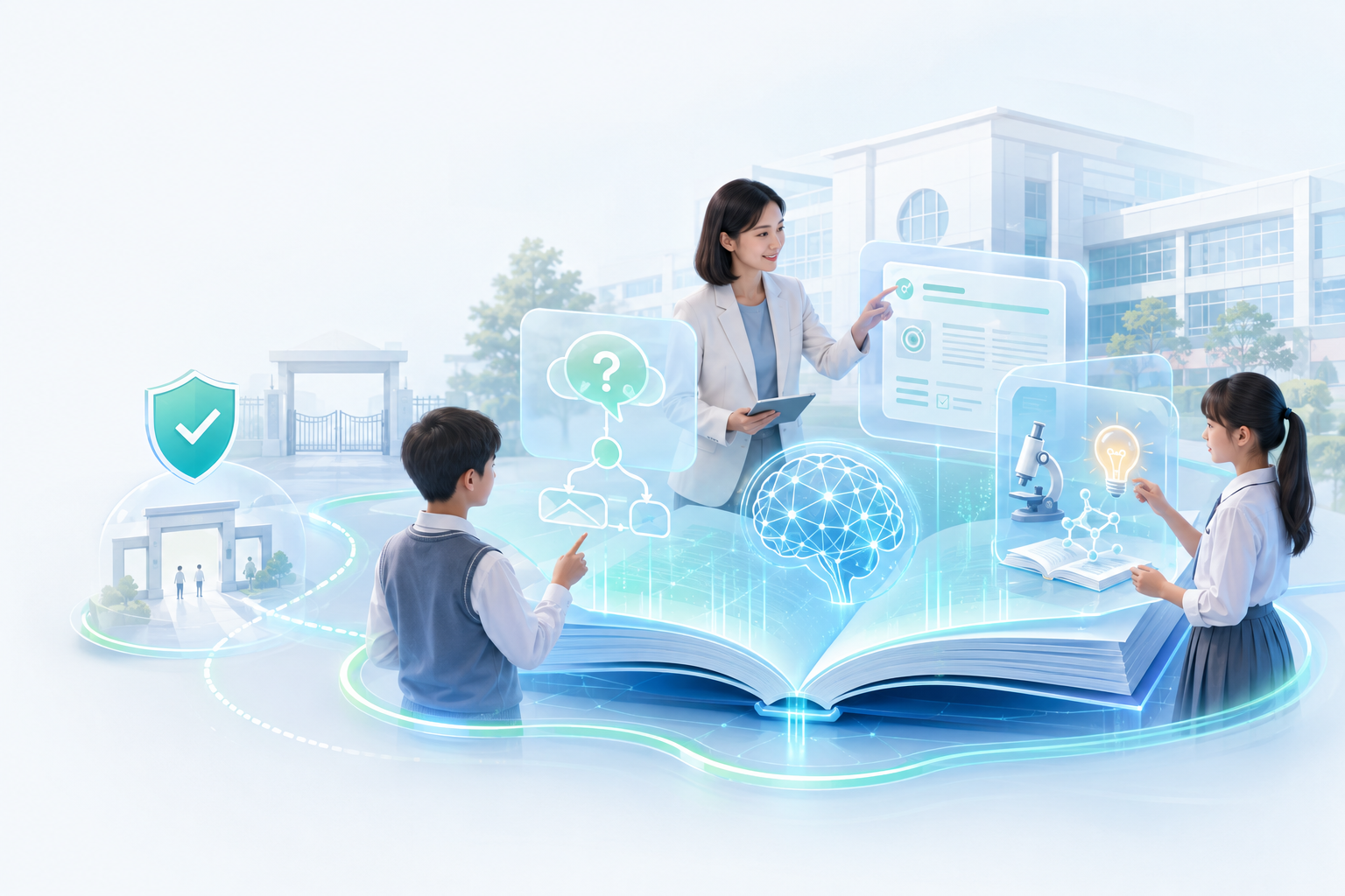 教师与学生在校园中使用小智教育版开展启发式学习与实验探索